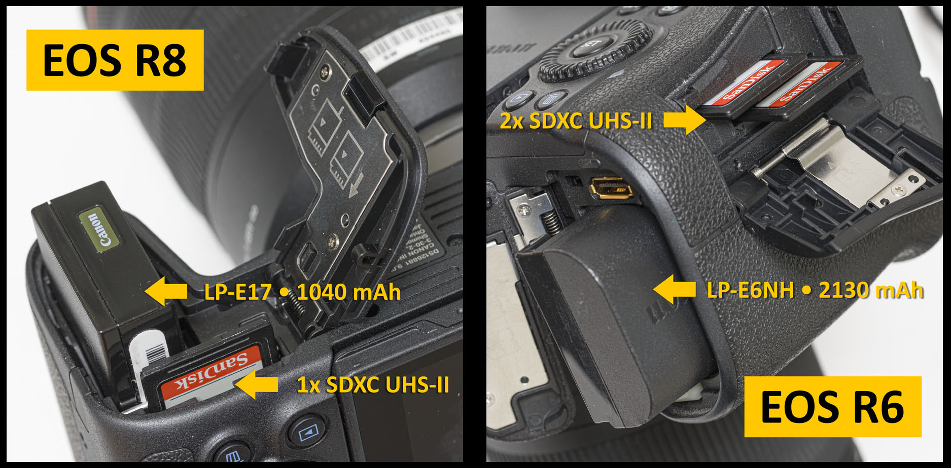 EOS R8 R6 accu VERGELIJK