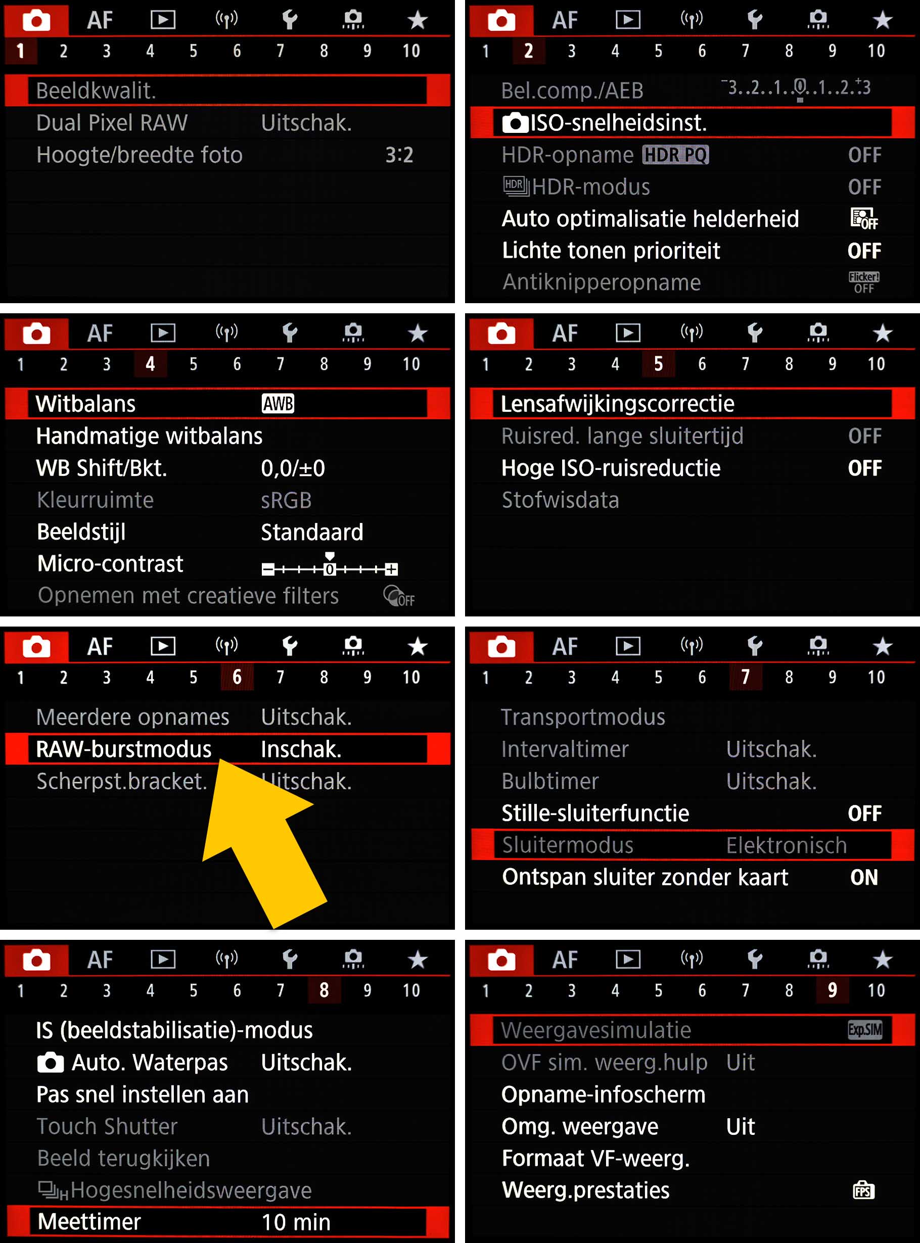 RAW-burst menu-opties